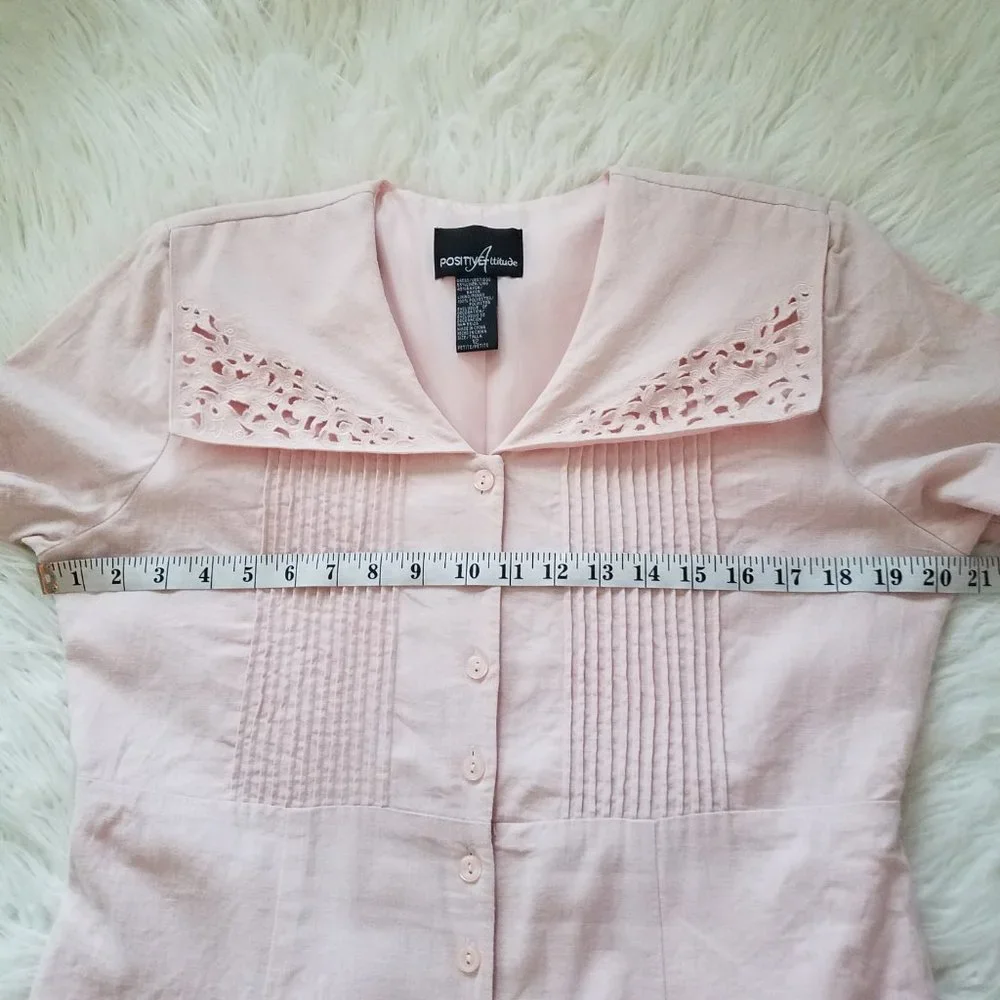 Vtg Positive Attitude Womens 12P Button Up Dress Sailor Collar Linen Blend Pink - Picture 6 of 9